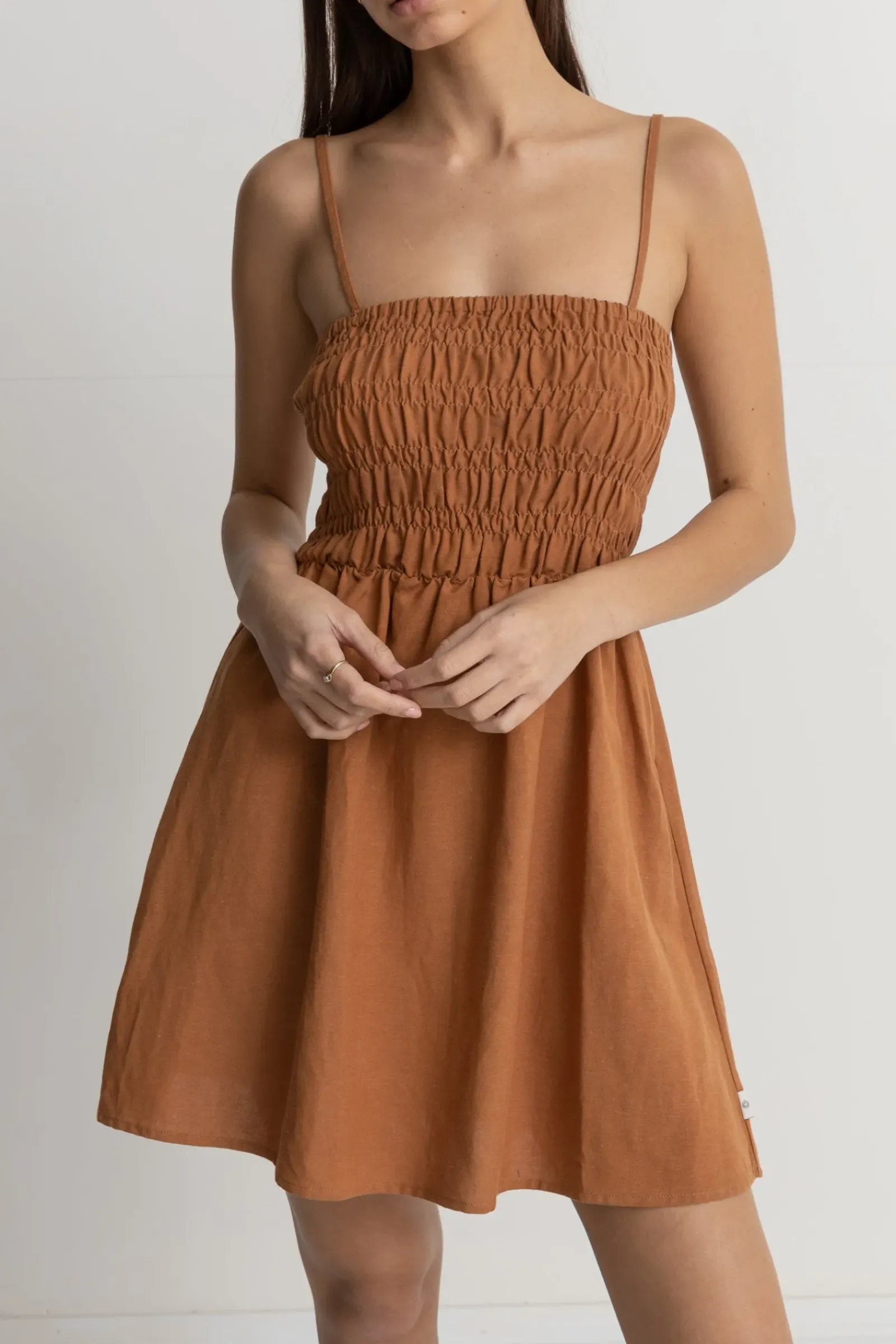 Women Rhythm Classic Shirred Mini Dress Caramel